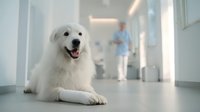 Happy white fluffy dog lying on clean hospital floor with blurred veterinarian in background, healthcare and pet medical care concept for veterinary services.