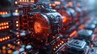 Futuristic mechanical device with glowing orange elements on circuit board background, depth of field effect creates atmospheric cyberpunk mood. For tech concepts.
