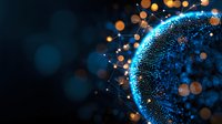Futuristic digital sphere with glowing blue particles and orange bokeh lights on dark background, representing global network connections and technology advancement.