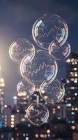Financial market bubbles floating over city skyline at night showing stock charts and trading data reflecting economic speculation and investment risks.
