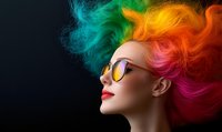 Young woman with vibrant rainbow colored hair flowing against dark background, wearing stylish yellow sunglasses and bright red lipstick, showcasing bold fashion style.