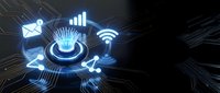 Digital technology concept with glowing blue icons including wifi, email, charts and connectivity symbols on dark circuit board background for business presentations.
