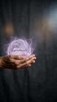 Mature male hand holding glowing purple orb with mental capacity text, symbolizing cognitive ability, intelligence, and brain power for psychology and wellness concepts.