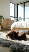 Chocolate dachshund curled up on a fluffy rug in a bright modern bedroom with wooden furniture and natural light.