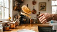 Pancake flipping in rustic kitchen with flour dust and warm morning light streaming through windows creating cozy breakfast cooking atmosphere.