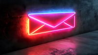 Glowing neon mail envelope sign on dark concrete wall with pink and blue light reflection on floor, modern communication concept for business design.
