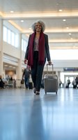 Confident mature African American businesswoman walking through airport terminal with rolling suitcase, smiling while traveling for work or vacation.