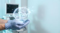 Scientist hand in latex glove holding glowing digital brain hologram in laboratory setting for artificial intelligence, neuroscience, and medical research concepts.