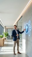 Professional businessman presenting digital interface technology in modern office environment with smart building automation systems and futuristic workspace.
