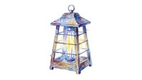 Watercolor lantern with purple and blue tones, wooden accents, and glowing yellow interior light. Isolated on white background, suitable for home decor designs.