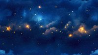 Magical night sky with glowing golden stars and deep blue clouds, perfect for fairy tale illustrations, children's books, or dreamy background designs.