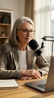 Senior Caucasian businesswoman with gray hair and glasses recording podcast at home office desk with professional microphone and laptop for media content creation.