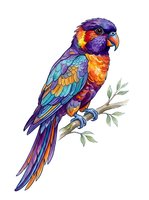 Vibrant rainbow lorikeet perched on branch with leaves, isolated on white background. Colorful parrot artwork for design, print, and decoration projects.