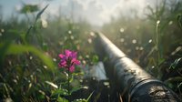 Pink wildflower growing near industrial pipeline in misty morning light with bokeh effect and dewdrops, environmental contrast between nature and industry.