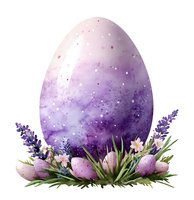 Large purple Easter egg decorated with galaxy pattern, surrounded by lavender flowers and small pink eggs nestled in green grass, isolated on white background.
