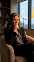 Mature woman in black blazer and gray shirt sitting in beige armchair, hand to chin in thoughtful pose, modern office interior with large windows and warm lamp lighting, suitable for corporate, business, and professional concepts.
