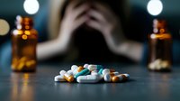 Stressed person with head in hands behind scattered pills and medicine bottles depicting mental health struggles, addiction recovery, pharmaceutical overdose concept.