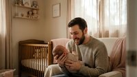 Happy young Caucasian father holding newborn baby in cozy nursery room with wooden crib and soft natural lighting for parenting and family lifestyle content.