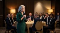 Professional blonde businesswoman in green suit speaking at corporate conference with microphone addressing seated audience in elegant hotel ballroom setting.
