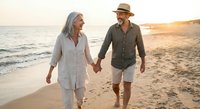 Happy mature couple walking hand in hand on sandy beach during golden hour sunset, enjoying romantic vacation together in casual summer clothing.