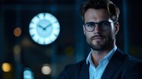 Professional businessman with glasses in modern office environment with illuminated clock background for corporate presentations and business concepts.