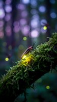Glowing firefly on moss-covered branch in enchanted forest with magical bokeh lights creating dreamy atmosphere for nature and wildlife photography projects.