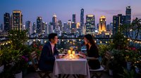 Romantic dinner date on rooftop terrace with city skyline at twilight. Business couple enjoying intimate evening meal with candles and urban backdrop.