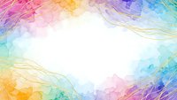 Vibrant watercolor abstract background with flowing organic shapes in rainbow hues. Soft pastel gradient frame with white center space for text or design elements.