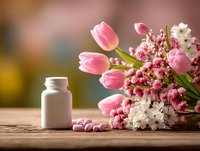 White medicine bottle with pink pills beside spring tulips and cherry blossoms on wooden table with soft bokeh background for wellness concepts.