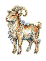 Ornamental goat with decorative swirls and patterns in warm tones, isolated on white background. Suitable for clipart, t-shirt designs, and graphic applications.
