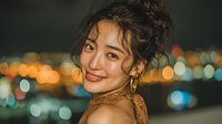 Young Asian woman with curly hair smiling at camera against blurred city lights bokeh background at night, portrait lifestyle photography.