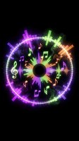 Neon music equalizer with colorful sound waves and musical notes on black background for entertainment and audio technology designs.