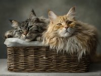 Two fluffy cats, gray tabby and ginger Maine Coon, resting together in wicker basket against neutral background, showcasing feline companionship.