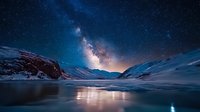 Majestic Milky Way galaxy reflects in frozen mountain lake during winter night, with snow-covered peaks and starry sky creating ethereal landscape.