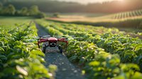 Modern agricultural drone hovering over green strawberry field at sunset, smart farming technology monitoring crop growth and field conditions for precision agriculture.