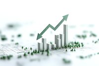 Growing business chart with green arrow showing upward and downward trends amid miniature cityscape and trees, illustrating market volatility and sustainable growth.