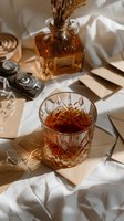 Crystal glass with whiskey on white fabric backdrop, vintage camera and perfume bottle create moody composition with dramatic shadows and warm sunlight.
