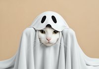 Domestic cat wearing white ghost costume with black eye holes against neutral beige background, suitable for Halloween designs, greeting cards, and seasonal marketing materials.
