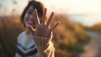 Young woman extending hand toward camera during golden hour sunset creating warm atmospheric lighting for lifestyle photography and personal connection concepts.