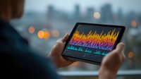 Professional businessman analyzing colorful data visualization charts on tablet device with city skyline bokeh lights in background for business analytics.