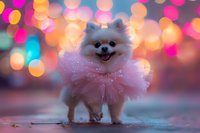 Smiling Pomeranian dog wearing pink tulle tutu dress against colorful bokeh background, magical festive atmosphere with glitter and soft lighting effects.