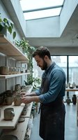 Male artisan potter with dark hair and beard, Caucasian ethnicity, wearing denim shirt and apron, organizing ceramic vessels in bright studio with skylight and potted plants.