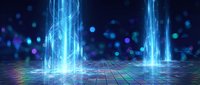 Futuristic digital data streams with glowing blue light beams and grid floor for technology presentations and cyber space concepts.