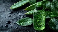 Natural aloe vera gel in glass bottle with fresh green leaves and water droplets on dark stone surface for skincare and wellness applications.