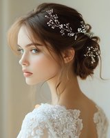 Young bride in white lace wedding dress with pearl hair accessories and romantic updo hairstyle, side profile portrait in soft natural light.