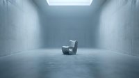 Modern gray armchair positioned in minimalist concrete room with skylight, creating stark architectural interior space suitable for furniture design, contemporary decor, and commercial advertising.