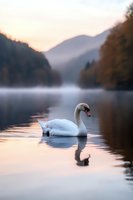 Graceful white swan swimming on misty mountain lake at sunrise, creating mirror reflection in calm water. Atmospheric autumn landscape with golden light.