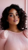 Young African American woman with curly dark hair wearing pink blouse against pink background, showcasing natural makeup and glowing skin for beauty and fashion content.