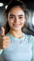 Young Hispanic woman giving thumbs up gesture in gym wearing mint athletic wear with confident smile and positive attitude for fitness motivation.