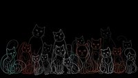 Colorful line art cats sitting together in row on black background, minimalist outline drawing style for modern decor and pet lover designs.